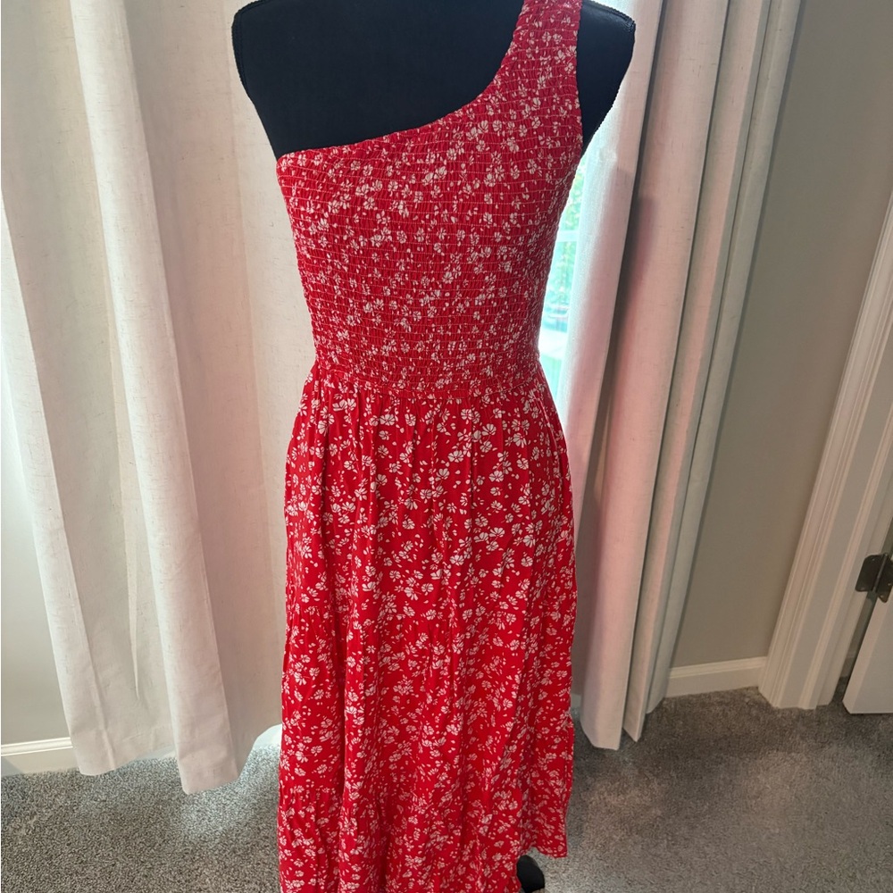 Chic One-Shoulder Red Floral Dress